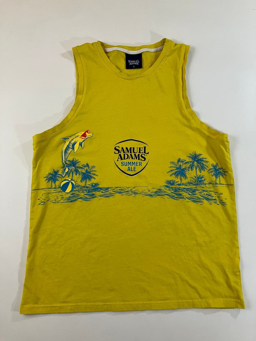 Samuel Adams Summer Ale Tank Top Large Yellow Beach Dolphin Beer Promo 2022